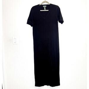 Lauren Ralph Lauren Maxi T-Shirt Dress Size M Black 100% Cotton VNeck Minimalist